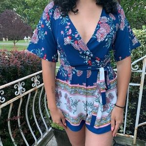 Colorful Floral Low Cut Romper
